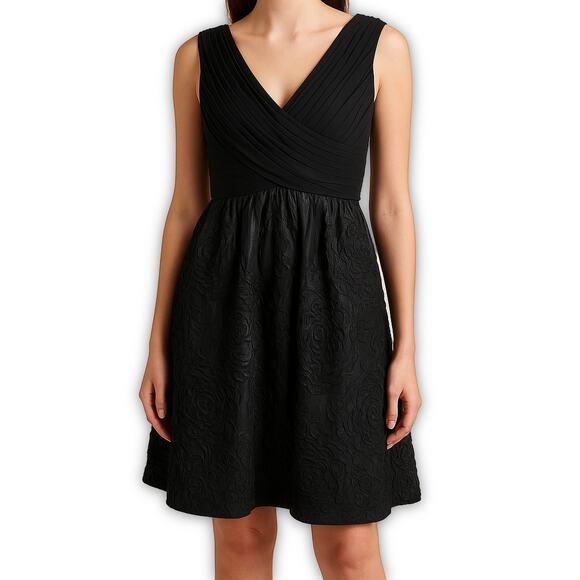 Adrianna Papell Dress Black Taffeta Fit Flare Cocktail Classic Elegant 2P - Picture 1 of 13